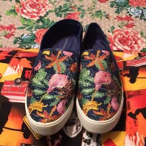 Shoes worn once, multi color, excellent condition. Tropical print with bling